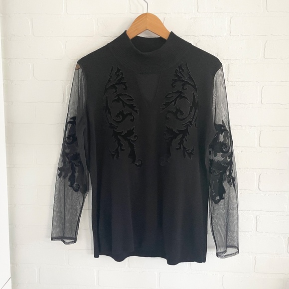 Vintage Y2K Knit Sweater Sheer mesh Burnout Velvet sleeve Damask Goth Black L - Picture 2 of 15